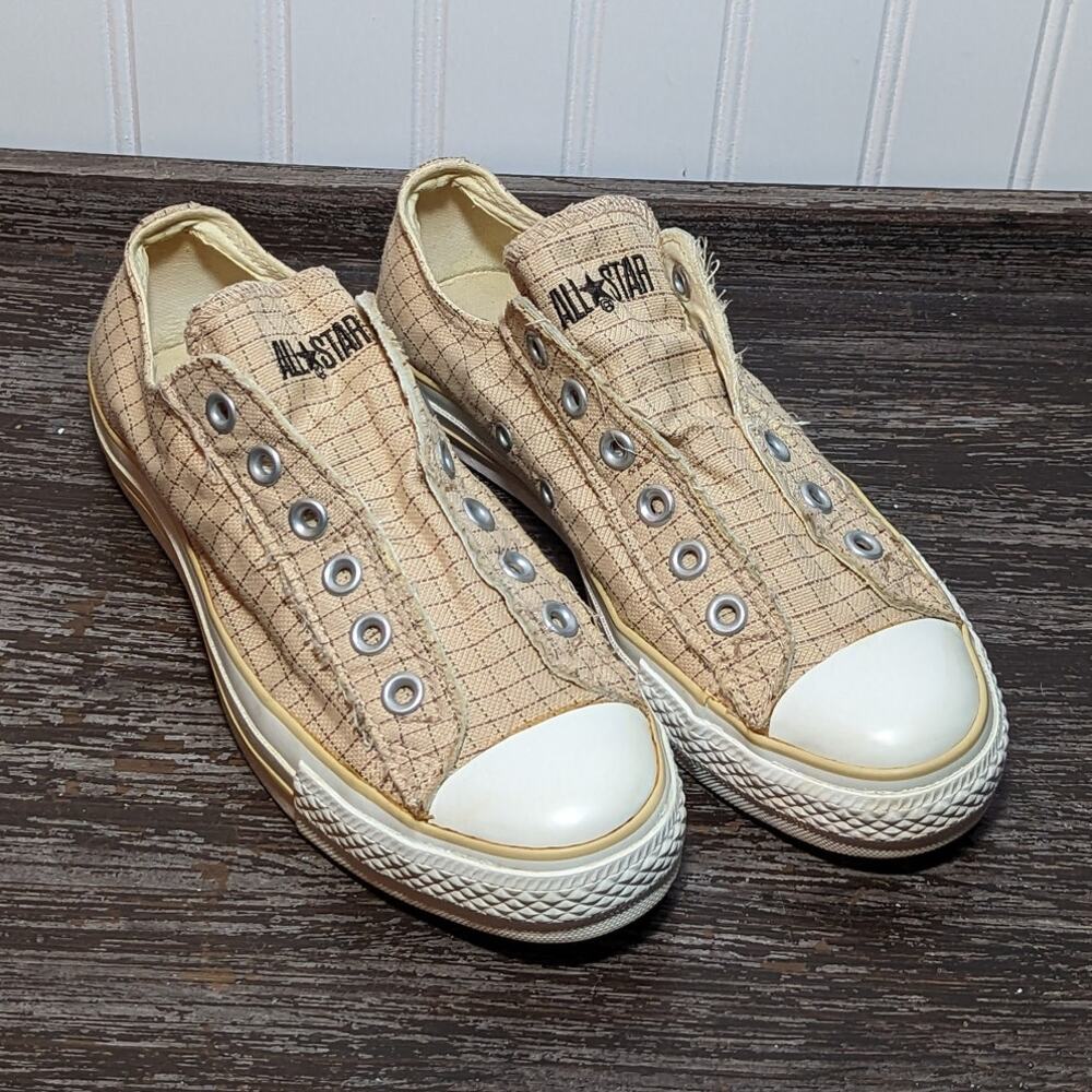 Converse Women's Classic All Star Cream Plaid Laceless Pull On Sneaker Size 8